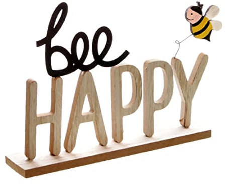 dekorativer fröhlicher Schriftzug Bee Happy mit niedlicher Biene aus Holz in schwarz Natur gelb