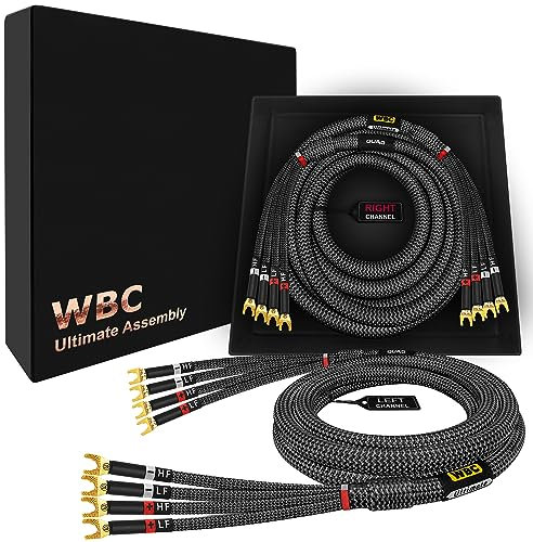 WORLDS BEST CABLES 12 Foot Ultimate - 12 AWG - Ultra-Pure OFC - Premium Audiophile HiFi Bi-Amp Speaker Cable Pair with Eminence Spade Plugs & Carbon Tweed Jacket