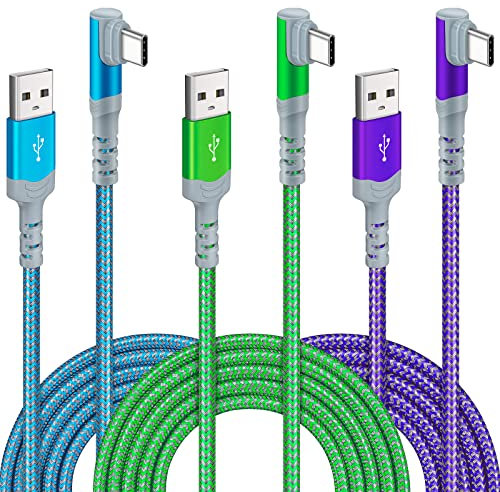 3 Stück USB C Kabel 3M, Long 3A USB C Schnellladekabel 90 Grad Winkel,Nylon Geflochtenes USB A zu USB C Ladekabel für Samsung S22 S21 S10 S9 S8, Note 10 9 8 LG V30 V20 (Blau/Grün/Lila)