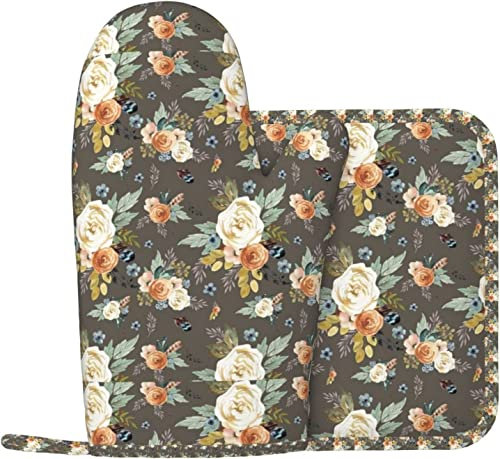 Ensemble de Gants de Four et maniques Taupe Western Autumn More Florals, Gants de Cuisine antidérapants lavables et résistants à la Chaleur