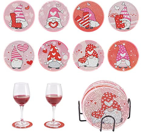 Craftdady 8 Stück DIY Diamond Painting Untersetzer 5D Diamant Tasse Matte Kunst Kits Rosa Zwerg mit Metall Untersetzer Halter für Anfänger Erwachsene DIY Untersetzer Handwerk