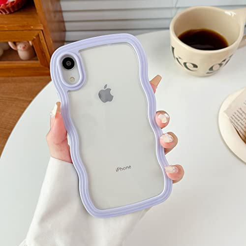 XIZYO Clear Case for iPhone XR, Cute Transparent Curly Wave Frame Aesthetic Design Soft TPU Bumper Case, for Women Girls Slim Shockproof Protective Phone Case, Purple