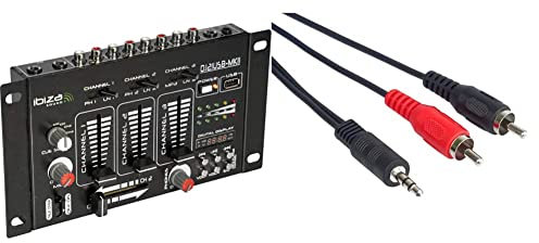 DJ21USB-MKII - IBIZA - 4-Weg/7-Kanal-Mischpult und diverse Eingänge - USB - Schwarz & PremiumCord Klinke auf Cinch Y Kabel 5m, Klinkenstecker 3,5mm auf 2x Cinch RCA Stecker, Jack zu RCA, Farbe schwarz