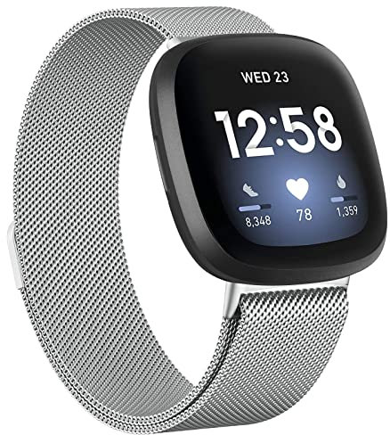 Oumida Armband für Fitbit Versa 3 Armband/Fitbit Versa 4 Armband/Fitbit Sense Armband/Sense 2 Armband für Damen Herren, Edelstahl Metall Ersatzarmband mit Starker Magnet, Klein Silber