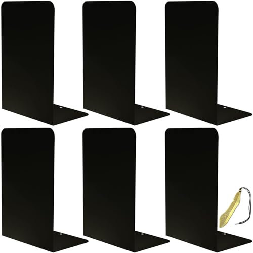 Qualsen Buchstütze, Buchstützen Metall, Bücherstütze, Buchhalter Regal, Bookends für Schule, Zuhause, Büro, Bibliothek, 3 Paare (6 Stück),Schwarz