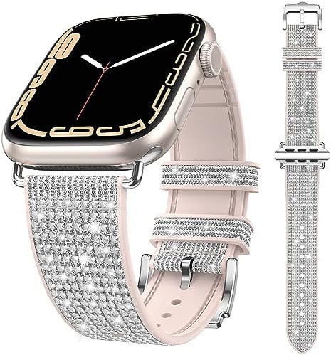 Kamita Bling Cinturino Compatibile con Apple Watch 38mm 40mm 41mm per Ragazze e Donne, Regolabile in Diamante Silicone Strap per Apple Watch Series (Argento)