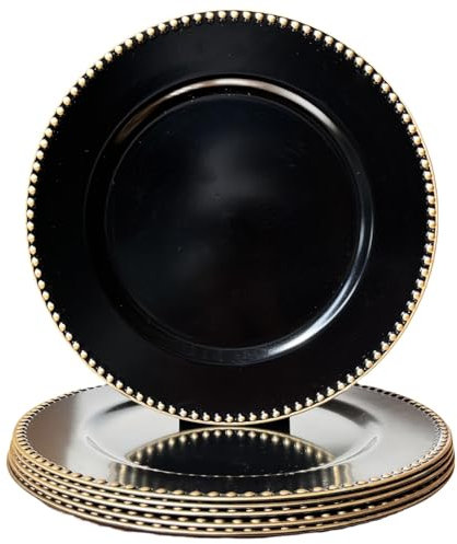 UOEKCS Black Charger Plates with Beaded Rim, 13 Round, Set of 6 Plastic Dinnerware Chargers for All Occasions