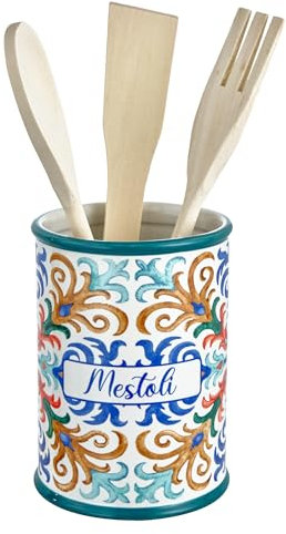 Baroni Home Porte-Louches en Céramique Décoré, Porte Outils de Cuisine avec 3 Louches en Bois, Porte-Couverts de Rangement Ligne Capri Peint à la Main, 11x11x25 cm