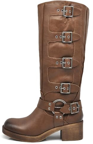 IF Fashion Scarpe Stivali da Donna Al Polpaccio Biker Motociclista Con 4 Fibbie Anfibi 660-3 marrone N.40