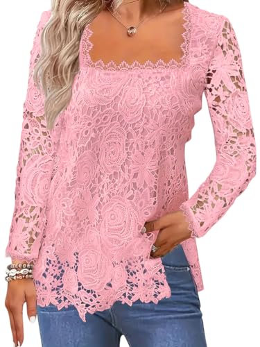 Tomwell Femme Tee Shirt Dentelle Couleur Unie Manches Longues Loisirs D'été Chemisier en Dentelle Blouse Décontracté en Dentelle Tops Chemisiers B Rose XL