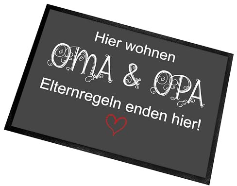 Fußmatte | Türmatte mit Spruch | 60x40cm | Hier wohnen Oma & Opa - Elternregeln enden hier! | für innen und außen | Vorleger für die Haustür / Flur | Geschenk zur ersten Wohnung | Einweihung