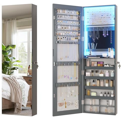 Vlsrka LED Armadio Specchio gioielli, organizzatore di armadietti per gioielli montati a parete/sportello con specchio a tutta lunghezza, grande armadio a sospensione per la conservazione, Grigio