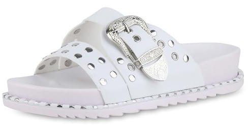 VAN HILL Damen Pantoletten Flach Nieten Trendy Schuhe 214628 Weiss 38