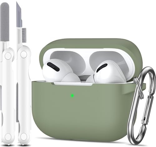 MHYALUDO Kompatibel mit AirPods Pro-Hülle, Anti-Fall-Schutz aus weichem Silikon, stoßdämpfend, kompatibel mit AirPods Pro-Hülle, Skin Touch mit Schlüsselanhänger und Reinigungsset, Olivgrün