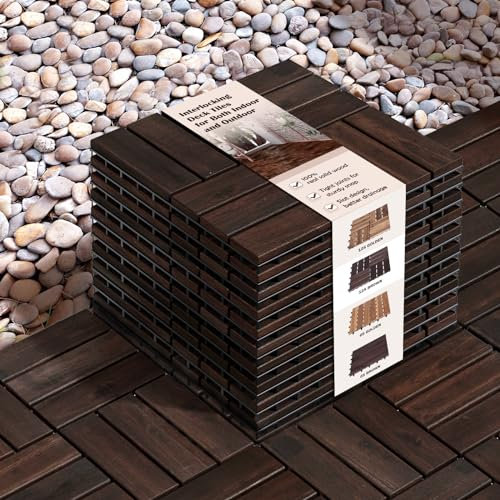Idzo Ineinandergreifende Terrassenfliesen – wasserdichte Akazienholz-Terrassenbodenplatten für den Innen- und Außenbereich – Terrassendielen-Schachbrettmuster, 30,5 x 30,5 x 2,3 cm, Dunkelbraun, 10