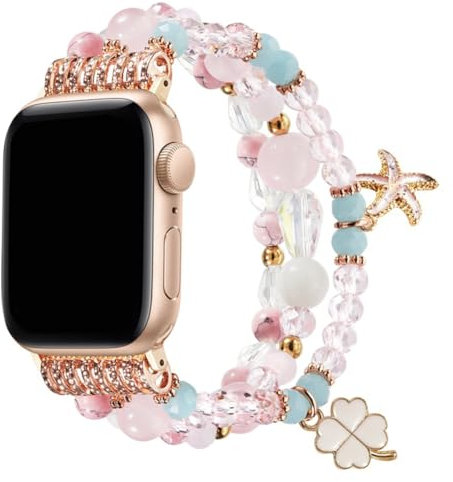 UCK-KIT Compatible pour for Apple Watch Bracelets 40mm/38mm/41mm iWatch Série 8/7/6/SE/5/4/3/2/1 Femmes Bracelet Perlé Élastique Extensible Remplacement Bracelet,Rose,42/44/45/mm