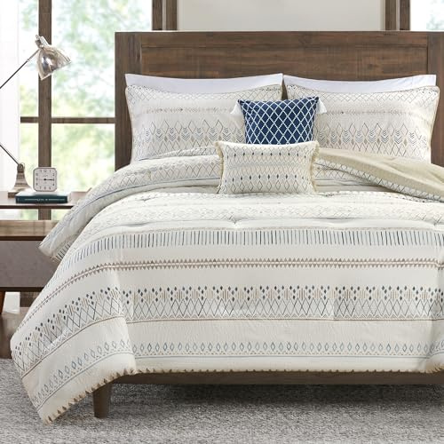 Madison Park Boho Comforter Set, Seersucker Southwestern Farmhouse Queen Size Comforters, Diamond Printed Reverse, All Season Microfiber Fluffy Bedding Set, Full/Queen, Taupe/Blue 5 Pieces