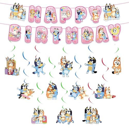 Luchild Geburtstag Deko Mädchen Rosa Blue- y Bunting Girlande Hängende Deko Geburtstagsdeko Dog Swirl Decorations Happy Birthday Banner Partyzubehör für Kindergeburtstag Dog Thema Party Supplies Deko