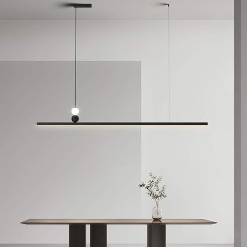 SEMANHUAOZ Iluminación LED minimalista for isla de cocina: lámpara colgante lineal de altura ajustable en 3 colores, candelabro negro moderno for comedor(150cm)