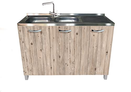 MABEL Mueble bajo fregadero de cocina con nudo organizador de madera ennoblecida con fregadero de apoyo de acero con cubetas a la izquierda con escurridor - L 120 cm x P 50 cm x H 83,5 cm