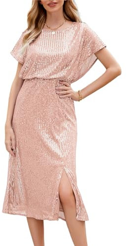 JASAMBAC Evening Dresses for Women UK, Sequin Dress for Women Crew Neck Short Sleeve Sparkly Glitter Dresses Slit Elastic Waist Cocktail Party Club Dress
