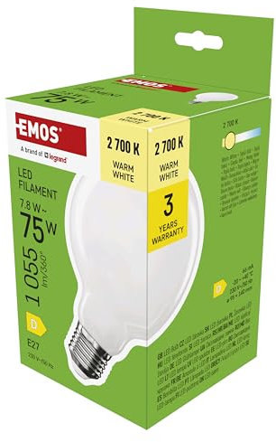EMOS LED Lampe Edison G95, 7,8W Ersatz für 75W Glühbirne, milchige Glühlampe Globus mit E27 Sockel und Helligkeit 1055 lm, Warmweiß 2700 K, 25000 Stunden Lebensdauer, CRI > 80, 360° Abstrahlwinkel