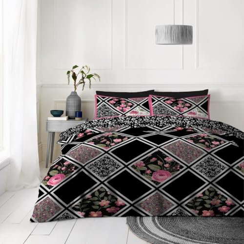 Lions King Size Duvet Cover with Fitted Sheet and Pillowcase - 4 Piece Complete Bedding Sets Reversible Floral Rose Printed Poly Cotton Quilt Covers Bed, Girls Women