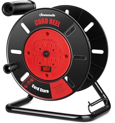 DEWENWILS Extension Cable Reel with 4 Earthing Contact Sockets, Heavy Duty Open Cable Spool for Power Cables Calibre 12/3, 14/3, 16/3, Retractable Hand Wind