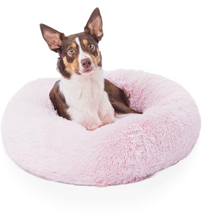 Woof & Whiskers Donut-Hundebett, Donut-Bett, beruhigendes Katzenbett, rund, Plüsch, Donut-Kuschelbett mit rutschfester Unterseite, Anti-Angst-Eigenschaften, maschinenwaschbar (Rosa, 70 cm)
