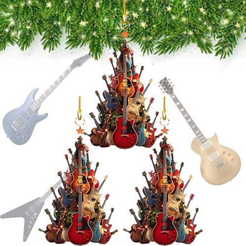 GRFFZX Rockin' Around The Guitar-Christbaumschmuck – Rockin Around The Christmas Tree, 2D-Weihnachtsschmuck aus hochwertigem Acryl mit Gitarre, Weihnachtsschmuck mit Gitarre als Geschenk (3PCS)