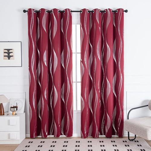 Verdunkelungsvorhänge Set 2 Panels Fenster Behandlung Thermisch Isoliert Solide Tülle Blackout Wave Line Foil Print Design Vorhänge für Schlafzimmer und Wohnzimmer (52in*102in,Red)