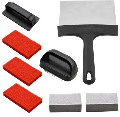 Kit de limpieza de planchas Kit de limpieza de parrillas Eliminación eficaz de grasa y manchas Limpiador de planchas con mango con pala, piedras de limpieza y 3 estropajos Limpiador de parrillas de su