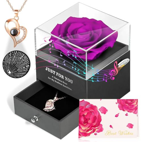 ADDWel Muttertagsgeschenke für Mama Oma - Ewige Rose mit Ich Liebe Dich Halskette In 100 Sprachen und ‚You Are My Sunshine‘ Spieluhr - Mama Muttertag Geschenk, Geburtstagsgeschenk für Ehefrau Freundin