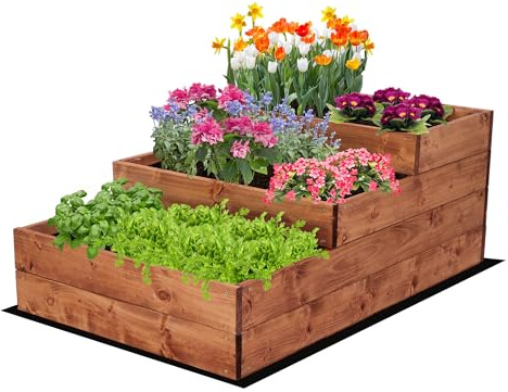 MODO24 Hochbeet Holz, 3-stufiger, Blumenkasten 36x60x93 cm, Braun | Komplettes Anzuchtset inkl. Schrauben, Dekoratives Gemüsebeet, Kräuterbeet & Blumenkasten für Garten und Terrasse