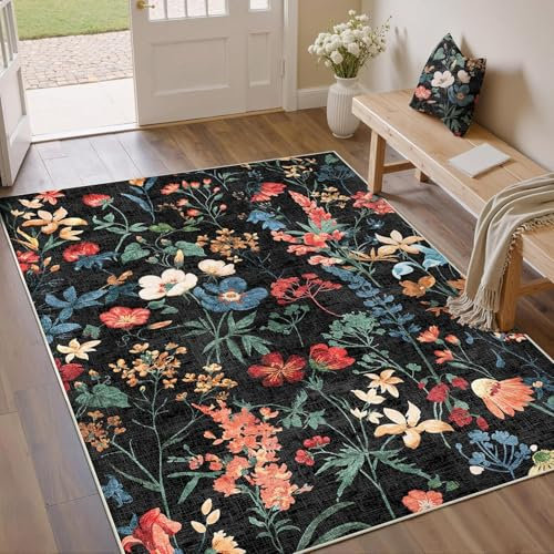 Schwarz Waschbarer Teppich Blumenmuster 120x170cm Blumen Boho Neutral Modern Rugs for Living Room Weich rutschfest Groß Tepich Kurzflor Schlafzimmer Carpet Esszimmer Bedroom Teppiche Büro