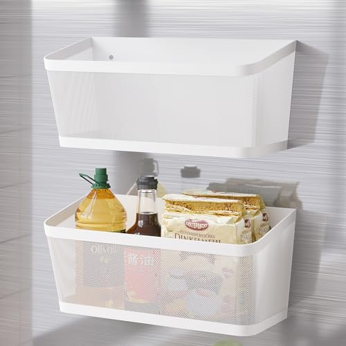 2Pcs Magnetic Spice Rack for Fridge Magnet Hanging Basket Holder for Seasonings Fruit Vegetables Coffee Beans Magnetic Organizer Shelf, Kitchen Refrigerator Organizers and Storage, Metal (2, White)