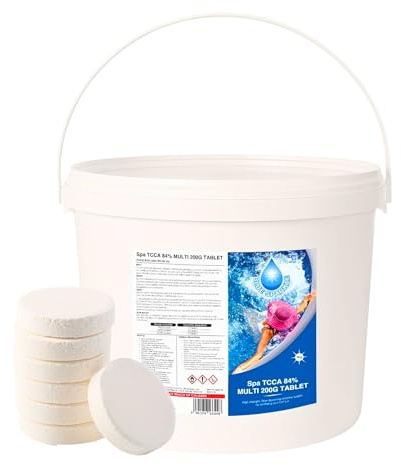 5 Kg Multifunctional 4 in 1 Chlorine Tablets 25 x 200g Slow Release | Large Dispenser Tablets, Sanitiser, Stabiliser, Algaecide, Clarifier, for Hot Tubs, Swimming Pools, Spas and Paddling