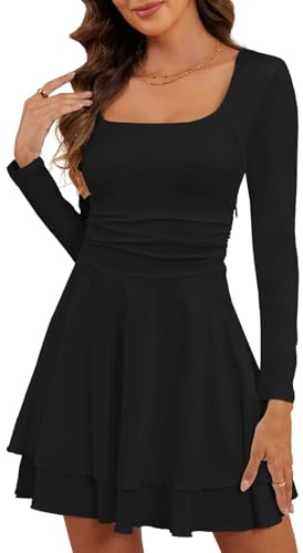 CheChury Party Dresses for Women Long Sleeve Mini Dress Square Neck High Waist Ruched A Line Swing Dress Skater Casual Bodycon Clubbing Outfits Party Wear Going Out Dresses for Women,Black,L