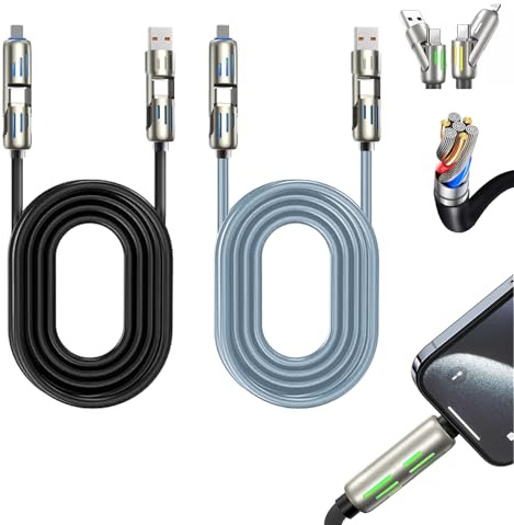 2-Piece 4-in-1 Multi Charger Cable 1.2M [240W] with RGB LED Light - USB A/C to Lightning & Type-C Charging Cable for iPhone 16/15/14,S24, Huawei, MacBook