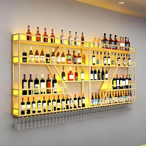 KEPMOGOH Botellero de Pared con portavasos, botellero Vino, Hierro, Soporte Flotante para exhibición de Vino, para el hogar, Restaurante, Bares, vinoteca(Sin luz) (Oro, 4 Niveles, 160 cm)