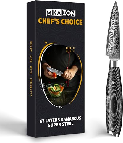 MIKAZON Damast Schälmesser - Präzises 8.5 cm Obst- und Gemüsemesser mit 67-lagiger Stahlkonstruktion und Pakkaholzgriff in Geschenkbox