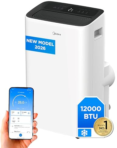 MIDEA Climatiseur Mobile Silencieux 12000 BTU avec Évacuation | 4 en 1: Climatisation, Ventilation, Déshumidification, Sleep | Clim Portable avec Contrôle App & Télécommande | Kit de Fenêtre Inclus
