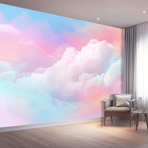 Aquarelle Papier Peint Panoramique 200 x 140 cm Papier Peint Intissé, Rose Nuages Rêveur Photo Motif Poster Decoration Murale Chambre Salon