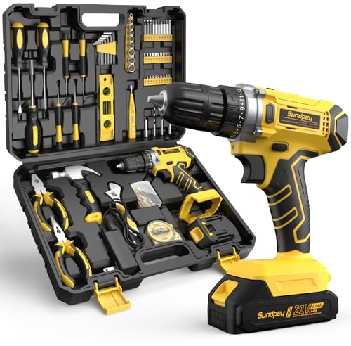 Sundpey 170-Piece Portable Basic Home Tool Kit Set with 21V Cordless Drill | Tool Box with Adjustable Wrench & Pliers & Hex Keys & Level, for Men Women, for Household House Garage Apartment Dorm Office