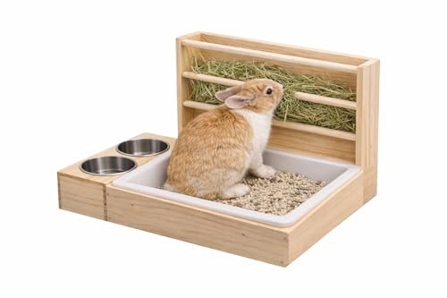 SylvaLexis 3 in Rabbit Hay Feeder with Litter Box & Bowls - Wooden All-in-One Set for Guinea Pig, Chinchilla, Bunny