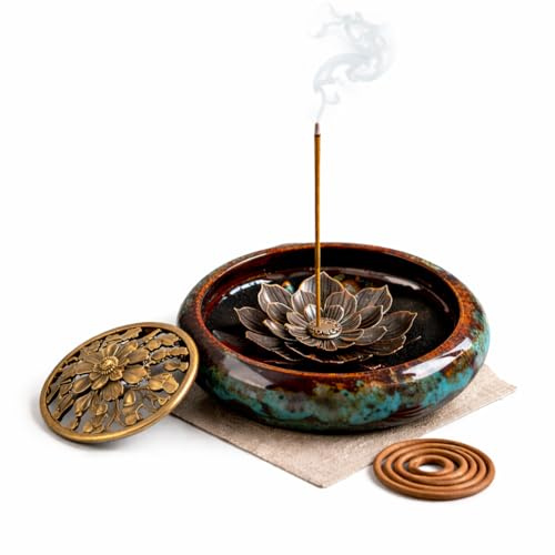KIJUK Räucherstäbchenhalter Lotus Keramik mit Abnehmbarem Einsatz, Räuchergefäß & Räucherstäbchen Halterung für Räucherstäbchen, Kegel & Spiralen, Incense Holder für Meditation, Yoga & Dekoration Blau
