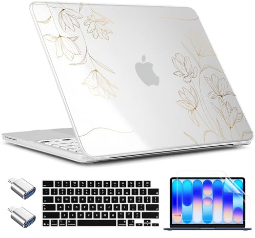 TWOLSKOO for MacBook Neo 13 inch Case 2026 A3404 A18 Pro Chip, Plastic Hard Shell Pattern Case with Type C Adapter, 2 Webcam Covers, Keyboard Cover & Screen Protector, Golden Florals
