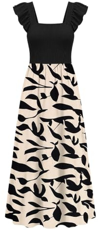 AUSELILY Women Summer Maxi Dress Square Neck Ruffle Sleeveless with Pockets | Casual Beach Maxi Dress,Elegant Flow‑Vacation Sundress,Breathable and Soft Fabric,Multiple Printed Patterns Available