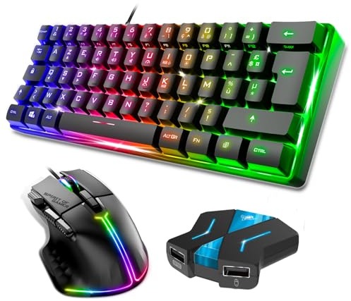 Spirit Of Gamer, Pack Clavier Souris Gamer Filaire RGB + Convertisseur Mannette PS4/PS3/Switch 1 & 2, Clavier Semi-Mecanique Format Compact TKL 60%, Souris 12800 DPI avec 8 Boutons Programmables