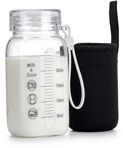 Perodlly Small Glass Water Bottle, 260ML Small Water Bottle With Measurements, Leakproof Glass Shaker with Lid & Insulated Sleeve.